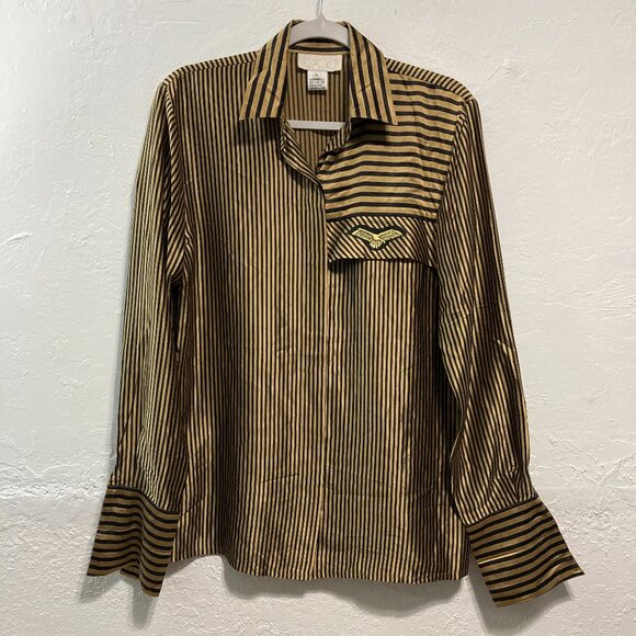 Vintage Cache Silk Button Up Shirt Long Sleeve Y2K Striped Embroidered Bird Sz 6 - Picture 1 of 12